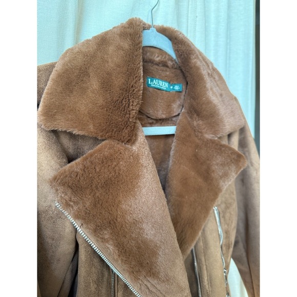 Ralph Lauren Aviator Bomber Shearling Suede Leather Moto Jacket Women Brown M - Picture 8 of 10